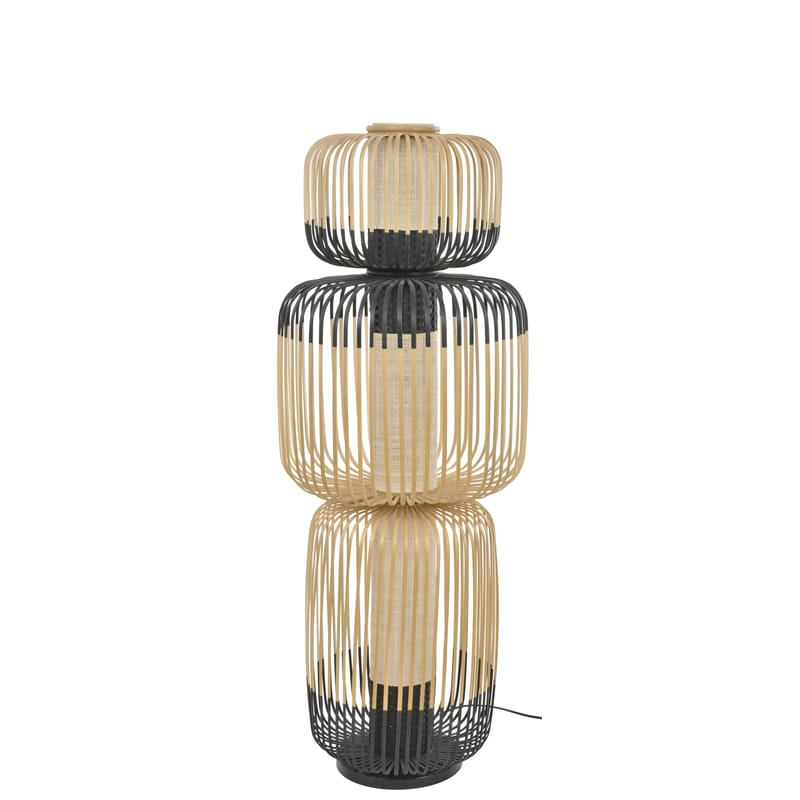 Luminaire - Lampadaires - Lampadaire Totem Bamboo Light noir bois naturel / 3 abat-jours - H 118  cm - Forestier - H 118 cm / Noir & naturel - Bambou, Tissu