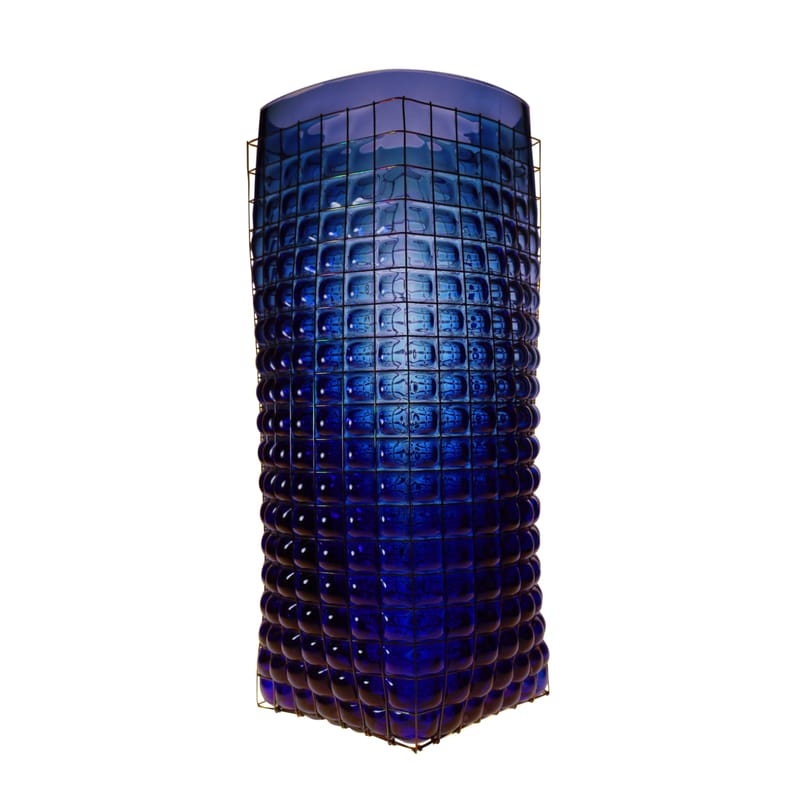 Décoration - Vases - Vase Grid Giant verre bleu / H 40 cm - Fait main - Vanessa Mitrani - Bleu profond transparent - Métal, Vert soufflé