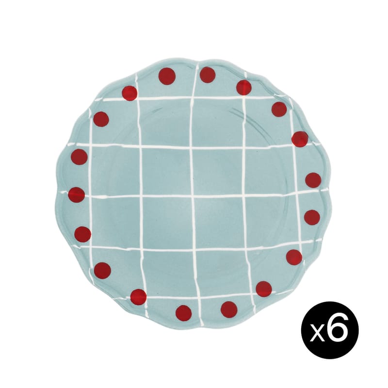 Table et cuisine - Assiettes - Assiette Quadri céramique bleu / Set de 6 - Ø 27 cm / Peint à la main - Bitossi Home - Bleu / Pois rouge - Porcelaine