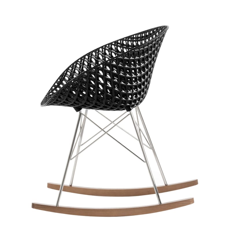Mobilier - Fauteuils - Rocking chair Smatrik plastique noir / Patins bois - Kartell - Noir - Acier chromé, Bois, Polycarbonate