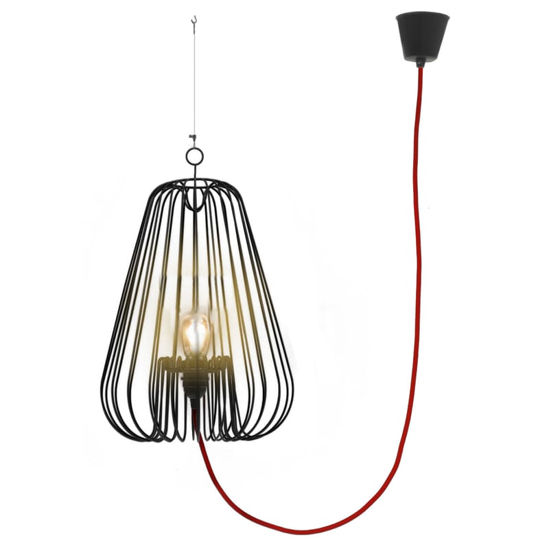 Luminaire - Suspensions - Suspension Big Light Cage métal noir H 80 cm - La Corbeille - Noir / cordon rouge - Métal laqué