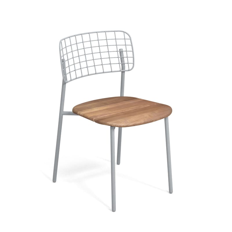 Mobilier - Chaises, fauteuils de salle à manger - Chaise empilable Lyze métal gris bois naturel / Assise teck - Emu - Gris nuage / Teck - Acier, Aluminium, Teck