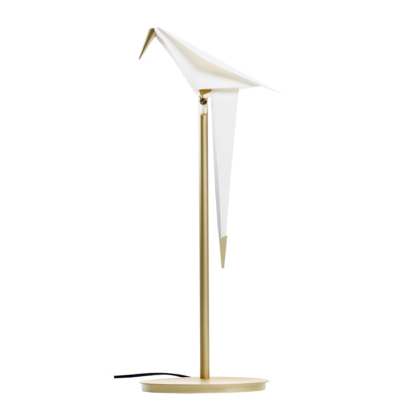 Leuchten - Tischleuchten - Bodenleuchte Perch Light LED plastikmaterial weiß gold metall / beweglicher Vogel - H 61 cm - Moooi - Weiß & Messing - Aluminium, Polypropylen, Stahl