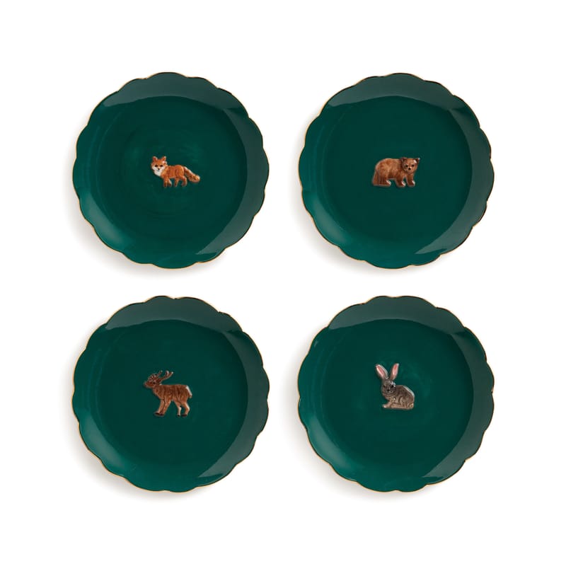 Table et cuisine - Assiettes - Assiette à dessert Forest Animal céramique vert / Set de 4 - Ø 17 cm / peint à la main - & klevering - Vert - Porcelaine