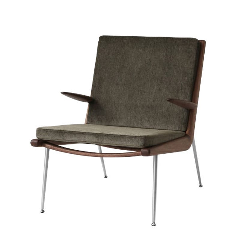 Möbel - Lounge Sessel - Gepolsterter Sessel Boomerang HM2 (1956) textil grün / Mit Armlehnen - Nussbaum - &tradition - Kakigrün (Duke 004) / Nussbaum & Stahl - Gewebe, HR-Schaum, Nussbaum massiv, Stahl