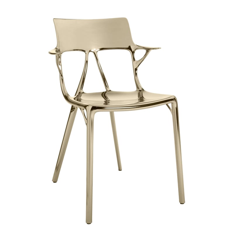 Mobilier - Chaises, fauteuils de salle à manger - Fauteuil A.I plastique métal métallisé / Conçu par une intelligence artificielle - 100% recyclé - Kartell - Bronze - Technopolymère thermoplastique recyclé