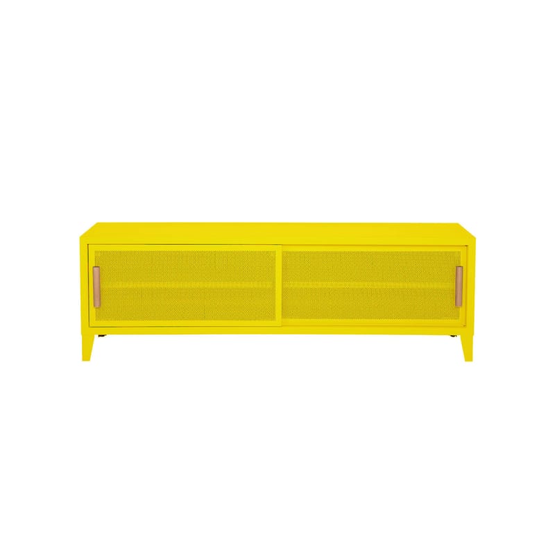 Mobilier - Commodes, buffets & armoires - Meuble TV B2 Bas Perforé métal jaune / L 120 x H 51 cm - Poignées chêne - Tolix - Citron (mat) - Acier, Chêne