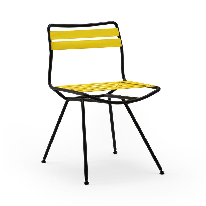 Mobilier - Chaises, fauteuils de salle à manger - Chaise Dan tissu jaune / Sangles élastiques - Zanotta - Sangles jaunes / Structure noire - Acier verni, Sangles élastiques polyester