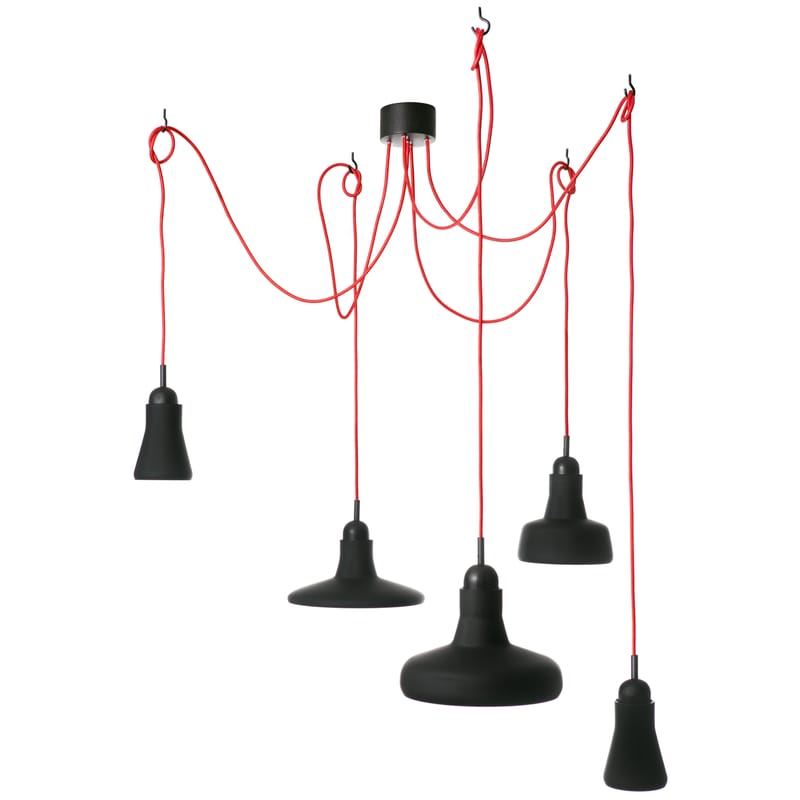 Luminaire - Suspensions - Suspension Shadows LED verre noir / Set de 5 - Brokis - Noir / câble rouge - Chêne, Verre soufflé