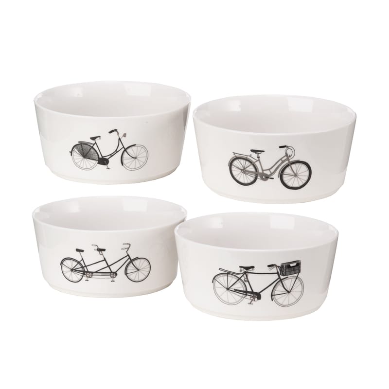 Table et cuisine - Saladiers, coupes et bols - Bol Bikes céramique blanc noir / Set de 4 - Porcelaine - Pols Potten - Noir, blanc & argent - Porcelaine vitrifiée