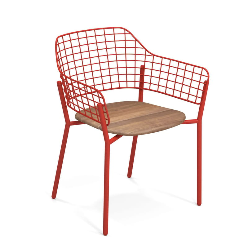 Mobilier - Chaises, fauteuils de salle à manger - Fauteuil empilable Lyze métal rouge bois naturel / Assise teck - Emu - Rouge écarlate / Teck - Acier, Aluminium, Teck