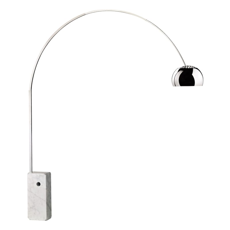 Luminaire - Lampadaires - Lampadaire Arco blanc métal / H 240 cm - Version LED / Achille Castiglioni, 1962 - Flos - Acier / Marbre blanc - Acier inoxydable, Aluminium poli, Marbre blanc de Carrare