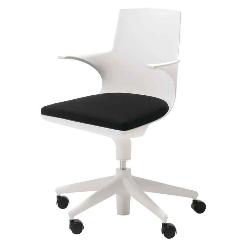 Mobilier - Mobilier Ados - Fauteuil à roulettes Spoon Chair plastique blanc / Rembourré - Kartell - Blanc/coussin noir - Polypropylène