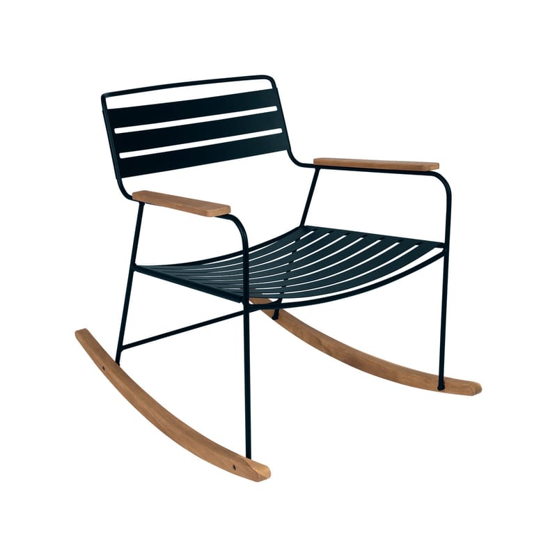 Mobilier - Fauteuils - Rocking chair Surprising métal bleu / teck - Fermob - Bleu acapulco - Acier, Teck