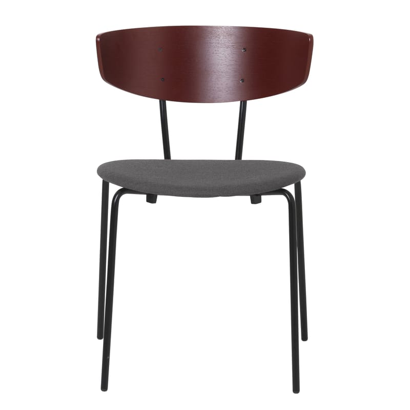 Mobilier - Chaises, fauteuils de salle à manger - Chaise empilable Herman tissu bois rouge gris - Ferm Living - Rouge foncé / Assise grise - Acier laqué époxy, Contreplaqué de chêne laqué, Tissu Kvadrat