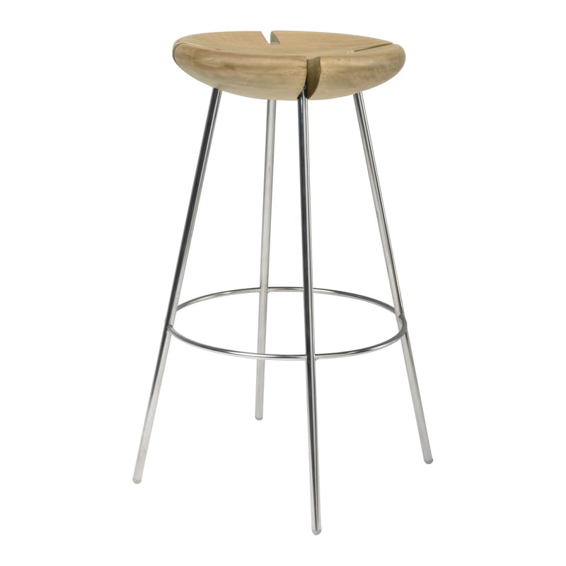 Furniture - Bar Stools - Tribo Bar stool metal natural wood H 76 cm - Wood & metal legs - Objekto - solid oak with natural finish / Polished stainless steel structu - Oak, Polished recycled stainless steel