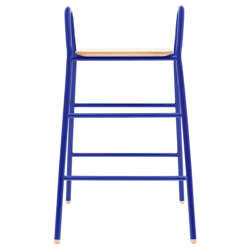 Furniture - Bar Stools - Lucien Bar stool metal wood blue H 75 cm - Wood seat - Hartô - Realistic blue - Lacquered steel, Solid oak