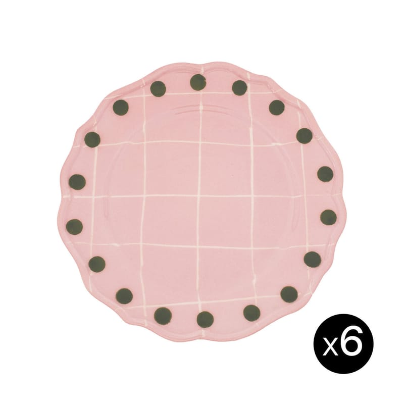 Table et cuisine - Assiettes - Assiette Quadri céramique rose / Set de 6 - Ø 27 cm / Peint à la main - Bitossi Home - Rose / Pois vert - Porcelaine