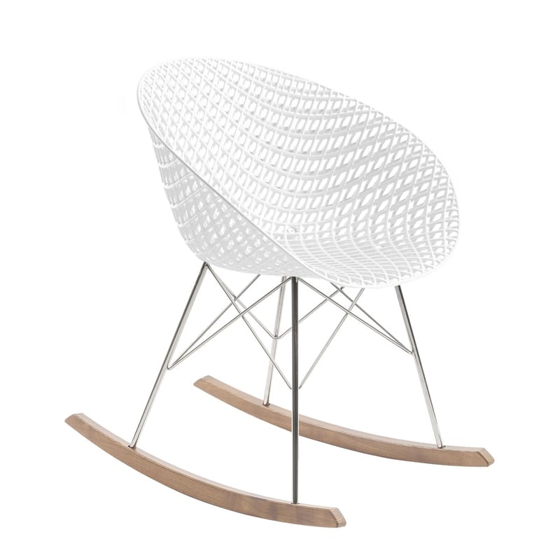 Mobilier - Fauteuils - Rocking chair Smatrik plastique blanc / Patins bois - Kartell - Blanc - Acier chromé, Bois, Polycarbonate