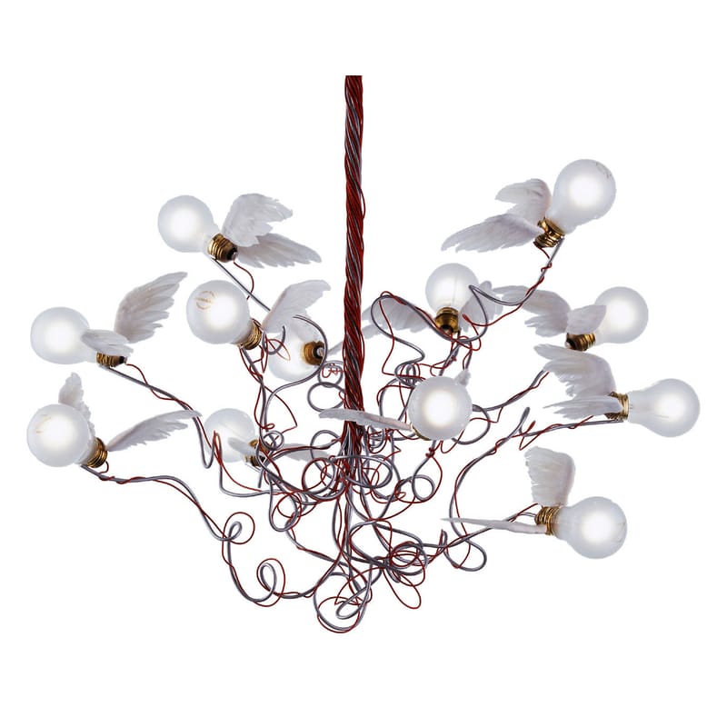 Luminaire - Suspensions - Suspension Birdie métal verre tissu blanc / Ingo Maurer, 2002 - Ingo Maurer - Blanc / Câbles rouges - Métal, Plume, Verre
