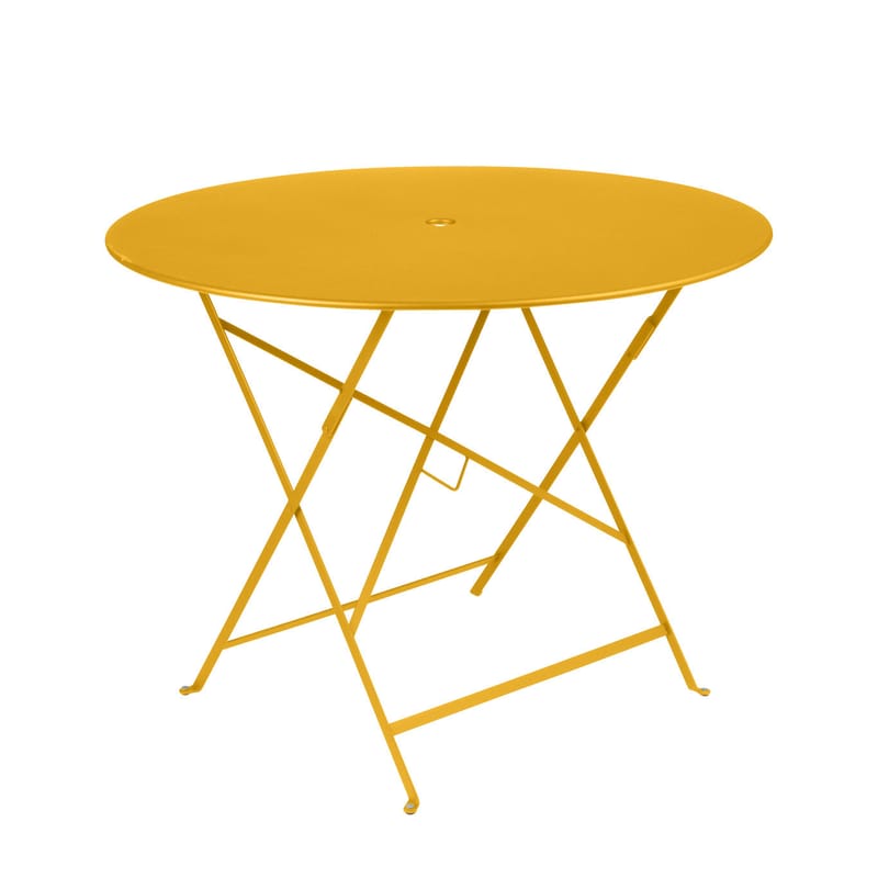 Outdoor - Tavoli  - Tavolo pieghevole Bistro metallo giallo / Ø 96 cm - 5 persone / Foro per ombrellone - Fermob - Miele, materico - Acciaio laccato