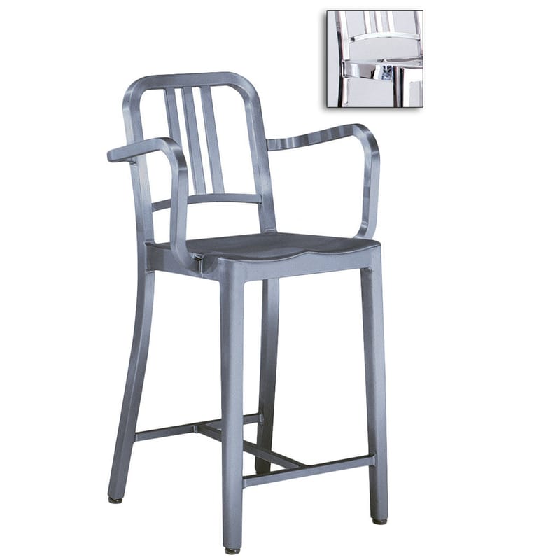 Furniture - Bar Stools - Navy Indoor Bar chair metal Armrests - H 76 cm - Emeco - Polished aluminium - Recycled polished aluminium