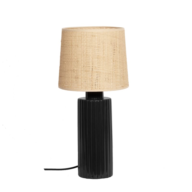 Luminaire - Lampes de table - Lampe de table Portofino tissu céramique noir beige / Rabane - H 51 cm - Maison Sarah Lavoine - Noir / Rabane naturelle - Céramique cannelée, Rabane