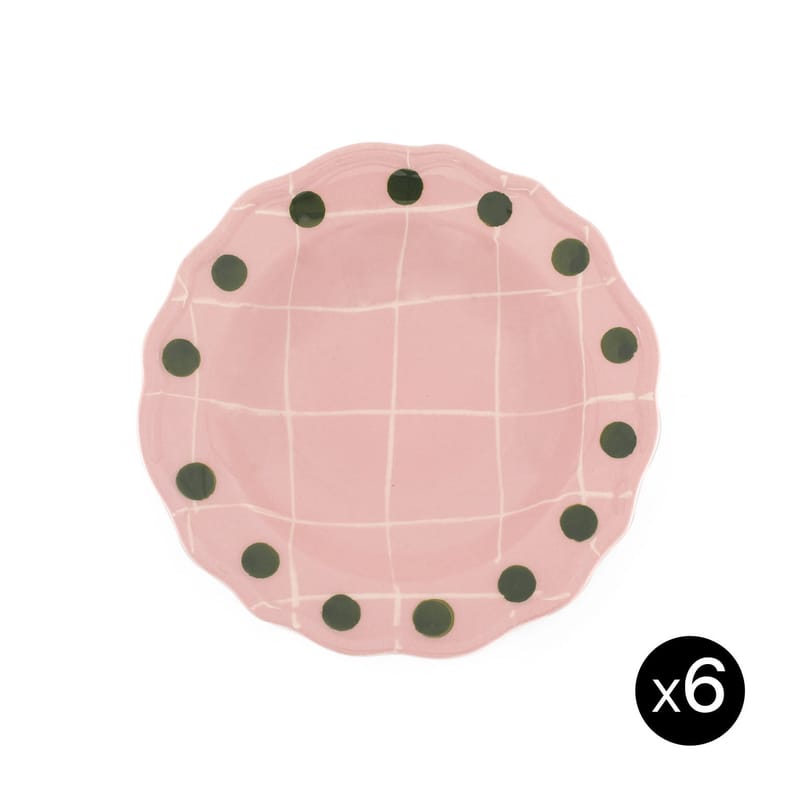 Table et cuisine - Assiettes - Assiette creuse Quadri céramique rose / Set de 6 - Ø 23 cm / Peint à la main - Bitossi Home - Rose / Pois vert - Porcelaine