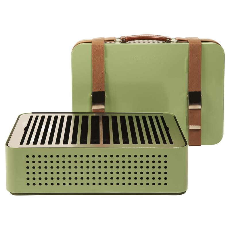 Outdoor - Barbecue - Barbecue portatile a carbone Mon Oncle - / Portatile - 44 x 32 cm di RS BARCELONA - Verde - Acciaio inossidabile verniciato, Pelle, Tessuto