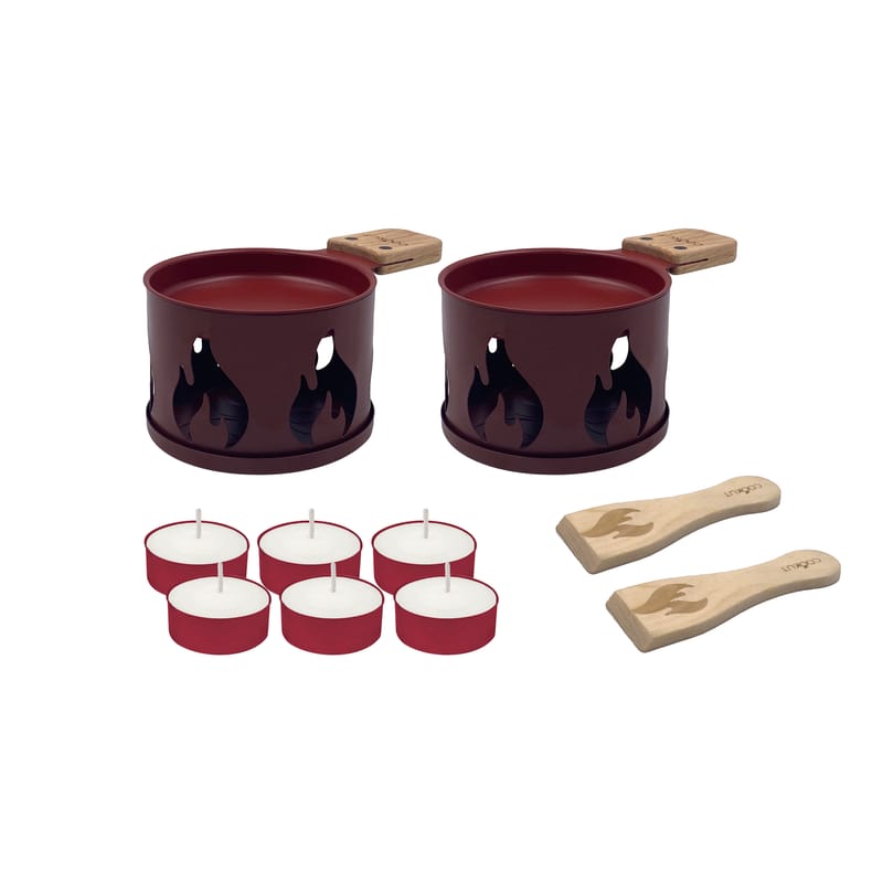 Table et cuisine - Ustensiles de cuisines - Set Lumi métal rouge / Pour raclette à la bougie - 2 personnes - Cookut - Terracotta / Motif flamme - Acier, Hêtre