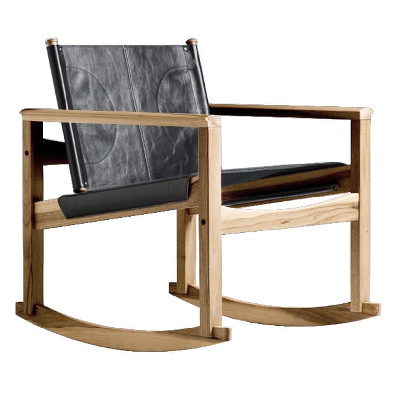 Mobilier - Fauteuils - Rocking chair Peglev cuir noir bois naturel - Objekto - Structure chêne huilé  / Housse cuir Noir - Chêne, Cuir