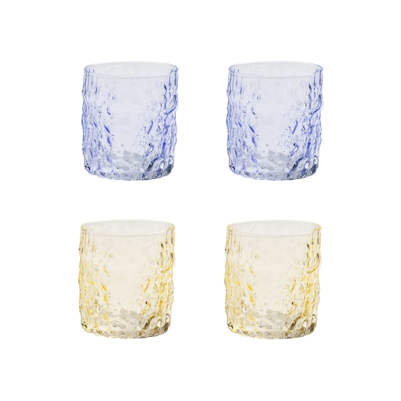 Table et cuisine - Verres  - Verre Trunk verre bleu jaune / Set de 4 - Ø 8 x H 9 cm - & klevering - Bleu & jaune - Verre