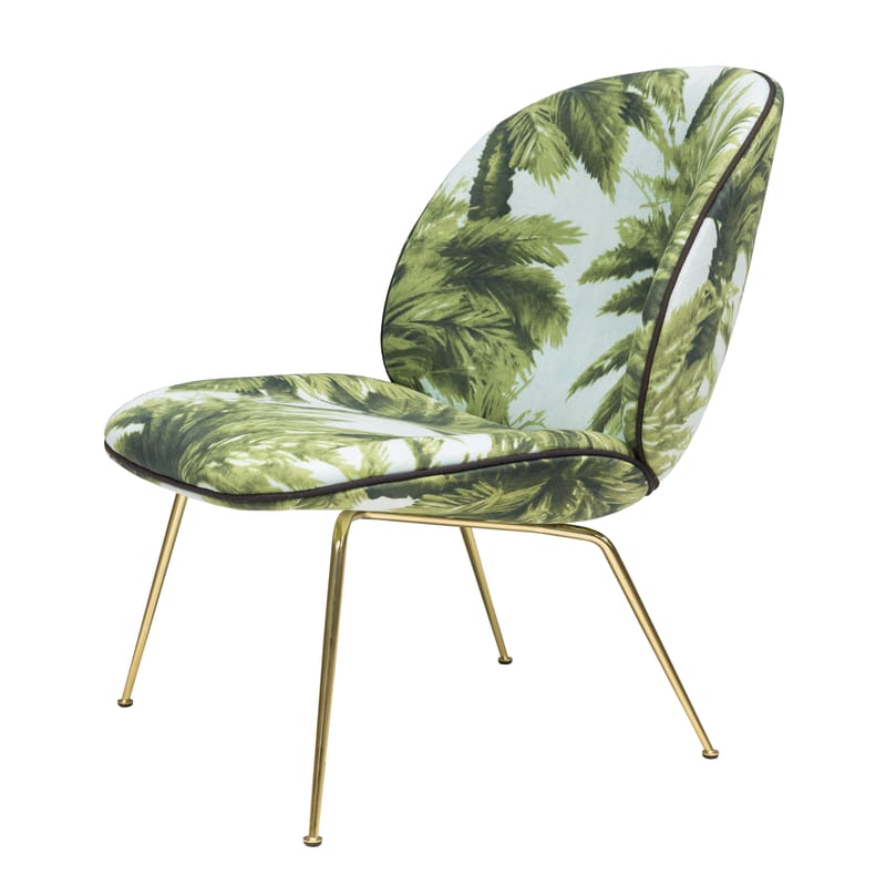 Furniture - Armchairs - Beetle Low armchair textile green /Gamfratesi - Fabric - Gubi - Green palm tree patterns/Brass legs: - Brass plated steel, Fabric, Foam