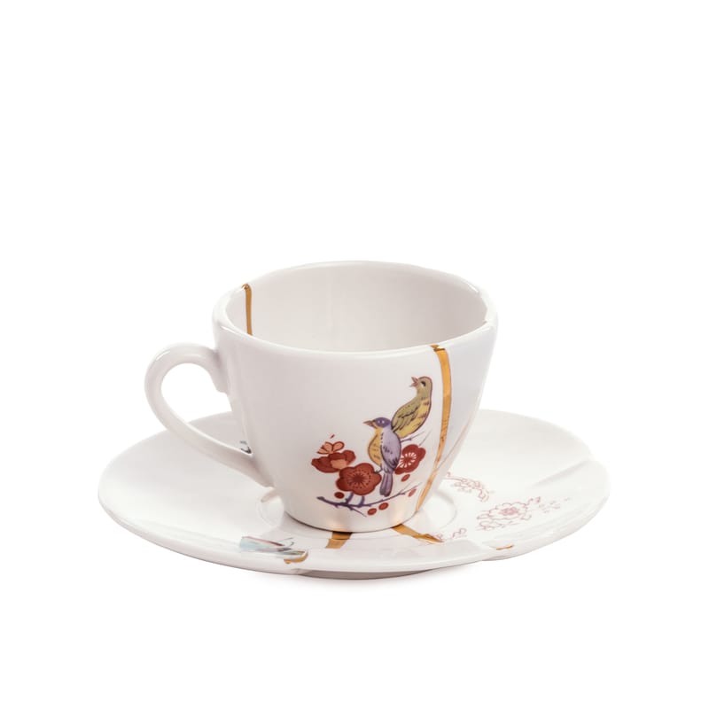 Table et cuisine - Thé et café - Tasse à café Kintsugi céramique blanc / Set tasse à café avec soucoupe - Seletti - Blanc & or / Oiseaux & fleurs - Or, Porcelaine