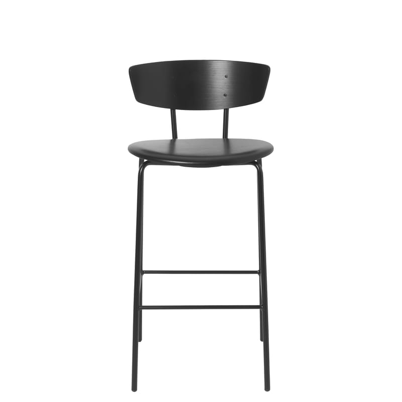 Mobilier - Tabourets de bar - Chaise de bar Herman métal cuir bois noir / H 64 cm - Ferm Living - Noir (assise cuir) - Acier laqué, Contreplaqué de chêne laqué, Cuir aniline