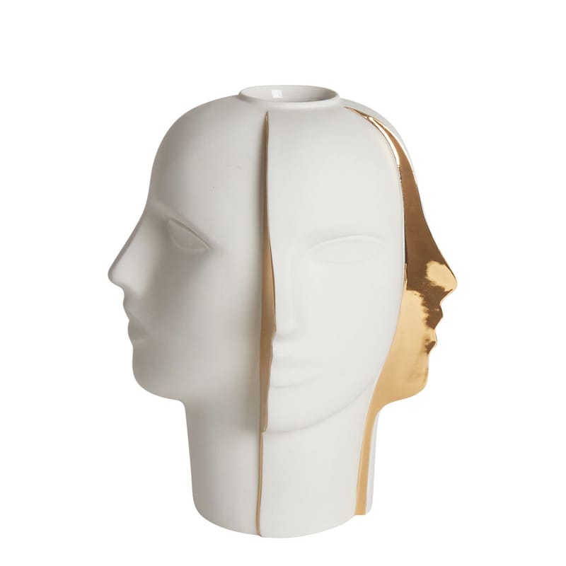 Dekoration - Vasen - Vase Atlas Split keramik weiß / Porzellan - Gesichter als Relief-Motiv - Jonathan Adler - Weiß & Gold - Feingold, Porzellan