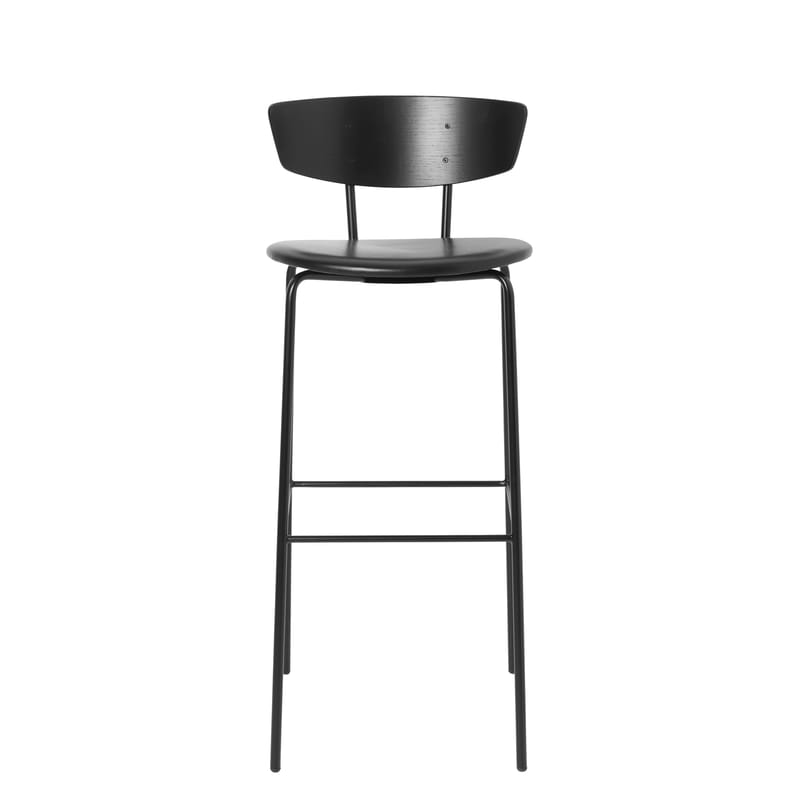 Mobilier - Tabourets de bar - Chaise de bar Herman métal cuir bois noir / H 76 cm - Ferm Living - Noir (assise cuir) - Acier laqué, Contreplaqué de chêne laqué, Cuir aniline