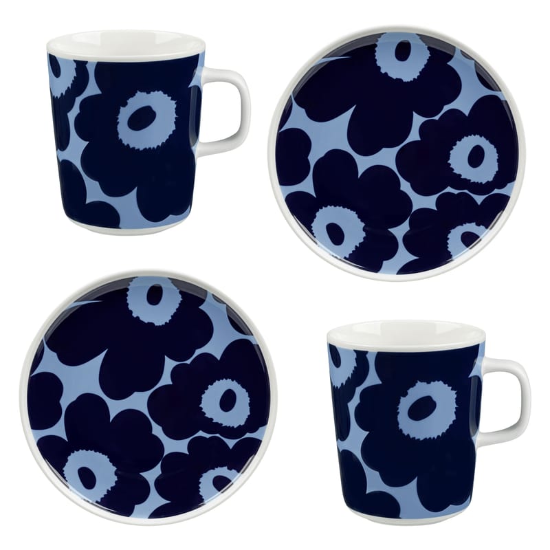 Table et cuisine - Tasses et mugs - Set vaisselle Unikko céramique bleu / Petit-déjeuner - 2 mugs + 2 assiettes Ø 13,5 cm - Marimekko - Unikko / Bleu - Grès