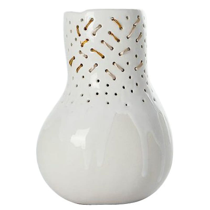 Décoration - Vases - Vase Butternut Embroidery céramique blanc / Ø 15 x 21 cm - Domestic - Blanc / Lacets colorés - Céramique émaillée, Laine