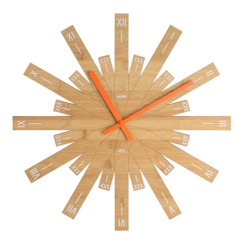 Décoration - Horloges  - Horloge murale Raggiante bois naturel / Bambou- Ø 48 cm - Alessi - Bois / Aiguilles oranges - Bambou