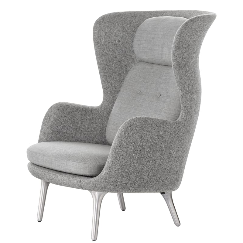 Furniture - Armchairs - Ro Padded armchair textile grey Fabric - Fritz Hansen - Light grey - Brushed aluminium, Fabric, Polyurethane, Polyurethane foam