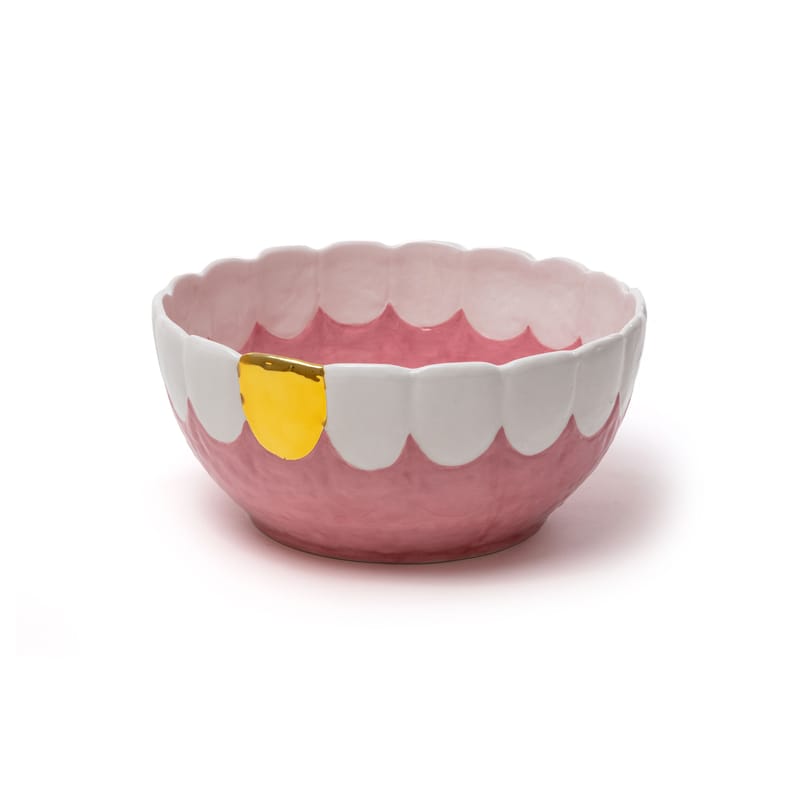 Table et cuisine - Saladiers, coupes et bols - Saladier Teeth céramique rose / Ø 28,5 x H 13 cm - Seletti - Blanc, or & rose - Céramique