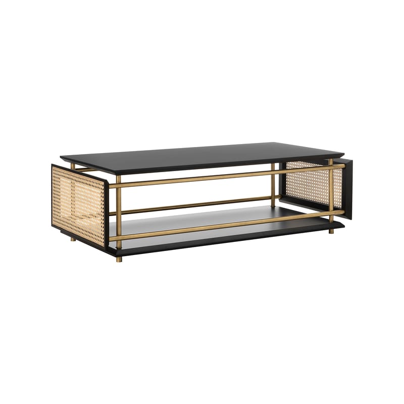 Furniture - Coffee Tables - Wiener Box Coffee table cane & fibres wood black gold beige / 107 x 50 cm x H 33 cm - Caning - Wiener GTV Design - Black, natural & brass - Brass finish metal, Lacquered wood, Straw