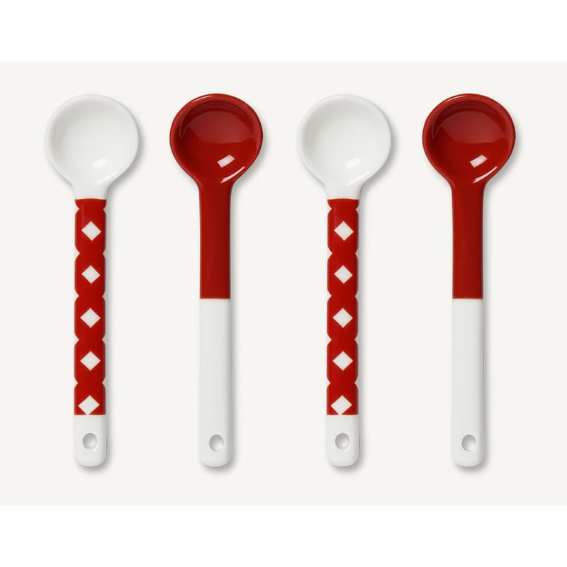 Table et cuisine - Couverts - Cuillère Okko céramique blanc rouge / Porcelaine - Set de 4 - Marimekko - Blanc & rouge - Porcelaine émaillée