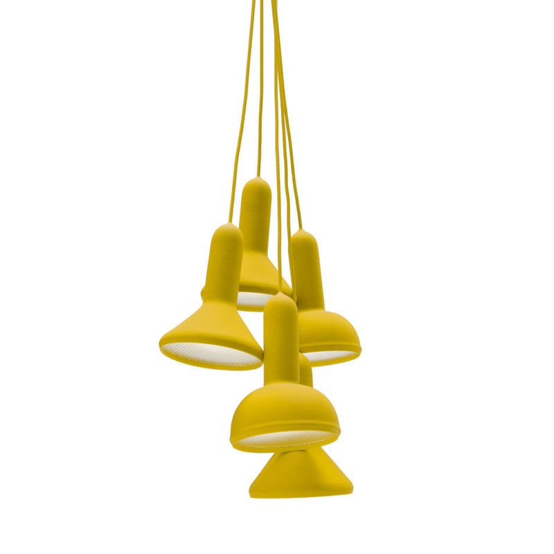 Luminaire - Suspensions - Suspension Torch Light plastique jaune / 5 abat-jours - Established & Sons - Jaune / Câbles jaunes - Polycarbonate, PVC finition soft touch