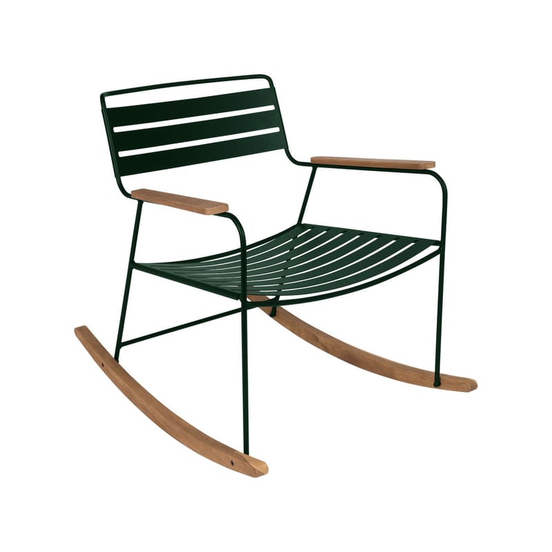 Mobilier - Fauteuils - Rocking chair Surprising métal vert / teck - Fermob - Vert cèdre - Acier, Teck