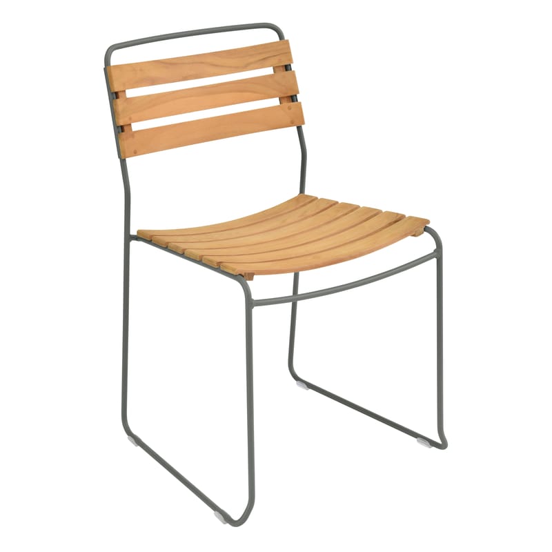 Möbel - Stühle  - Stapelbarer Stuhl Surprising grün grau holz natur / Holz & Metall - Fermob - Rosmarin / Holz - bemalter Stahl, Geöltes Teakholz