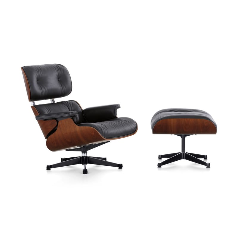 Mobilier - Fauteuils - Set fauteuil & repose-pieds Lounge Chair & Ottoman cuir noir / Eames, 1956 - Vitra - Palissandre / Noir (cuir) - Contreplaqué cintré, Cuir, Mousse polyuréthane, Palissandre