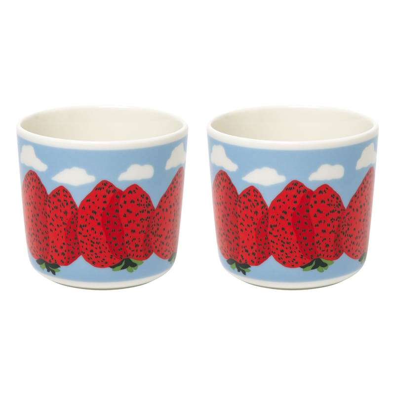 Table et cuisine - Tasses et mugs - Tasse à café Mansikkavuoret céramique rouge bleu / Sans anse - Set de 2 - Marimekko - Mansikkavuoret / Blanc, rouge, bleu - Grès