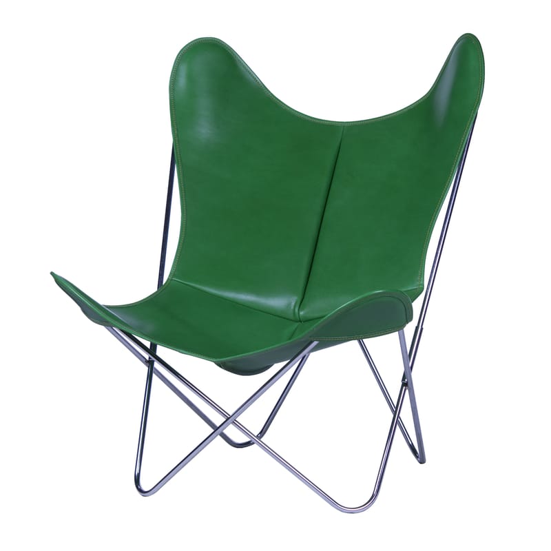 Furniture - Armchairs - AA Butterfly Armchair leather green Leather / Chromed structure - AA-New Design - Chromed frame / Green leather - Chromed steel, Leather